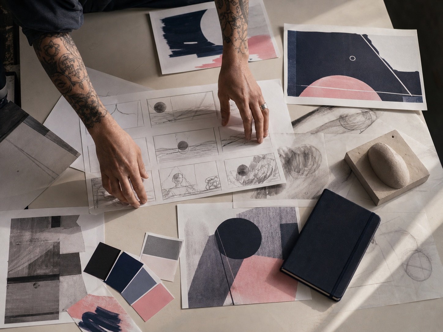 Storyboards, references and art-direction materials spread across a worktable