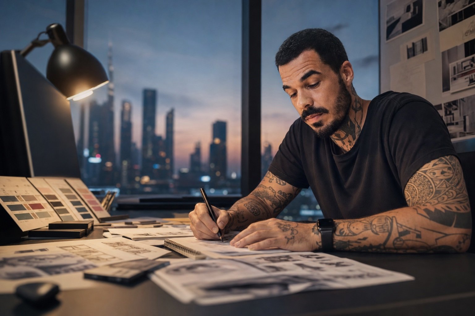 Editorial recreation of Killian working in his studio