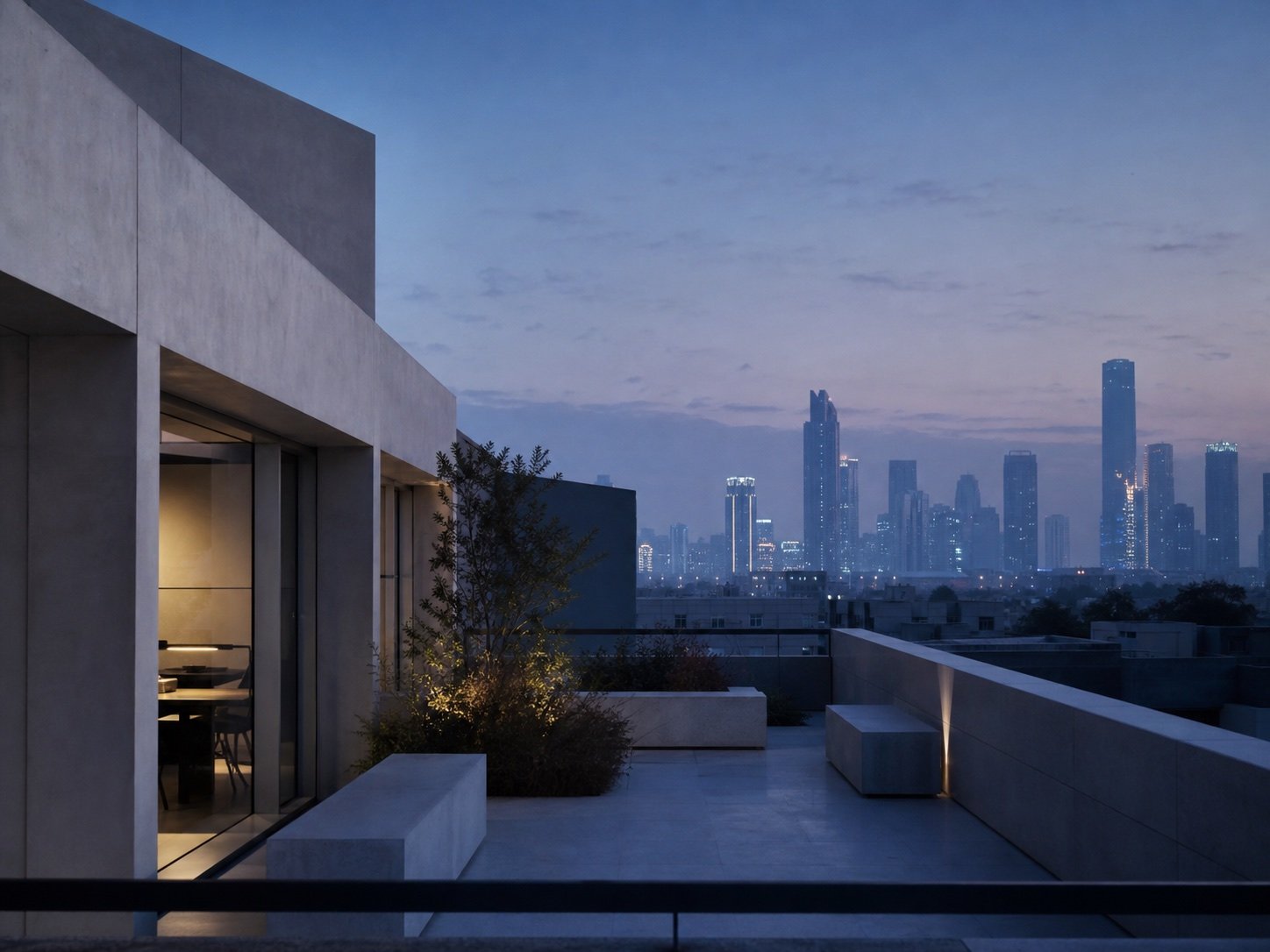 Contemporary architecture and the Dubai skyline at blue hour