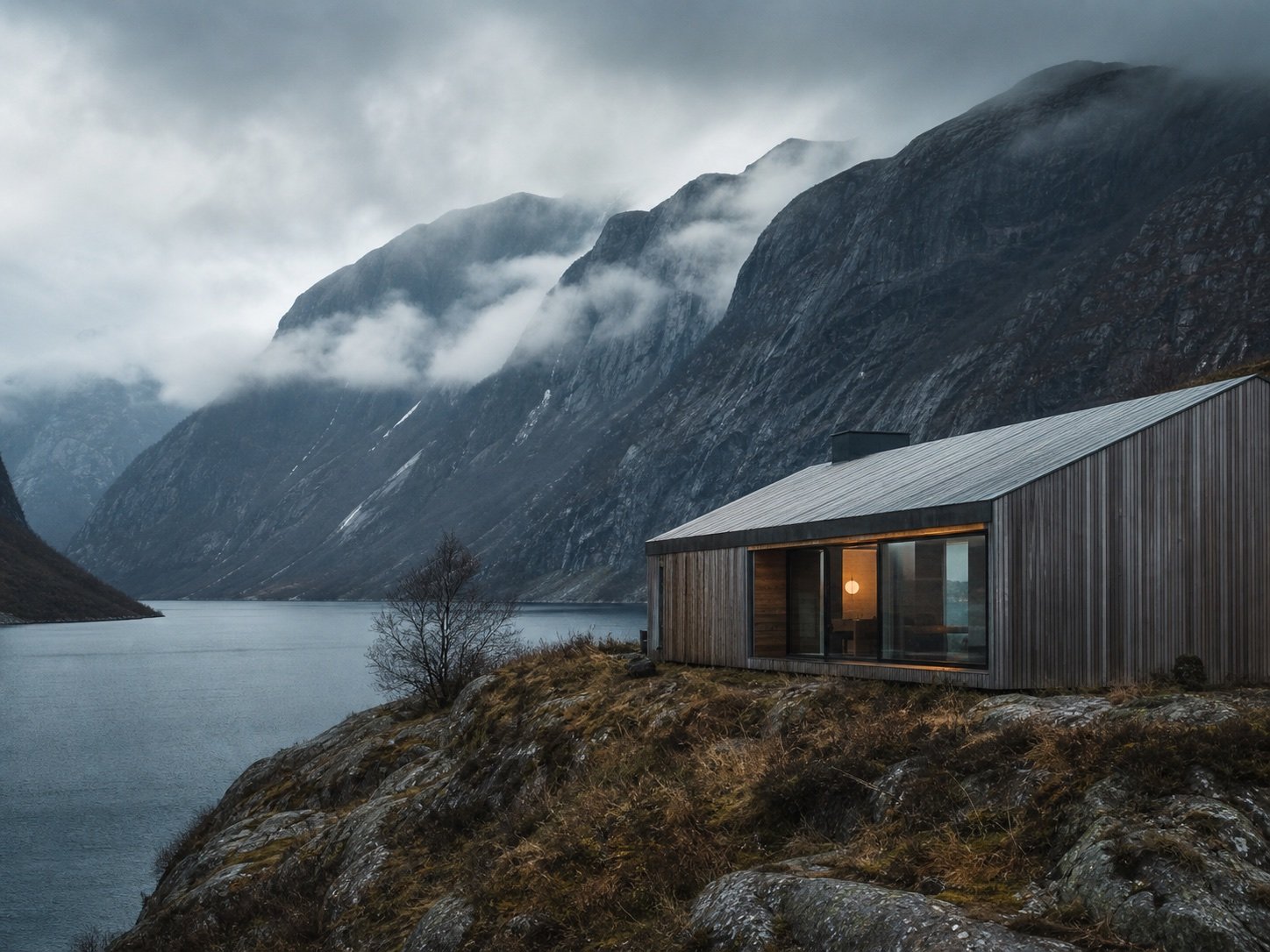 Contemporary architecture overlooking a Norwegian fjord